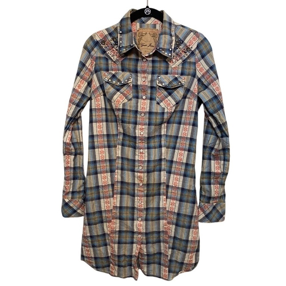Guess Studded Plaid Western Shirt Dress Long Sleeve Pearl Snap Women XS Festival